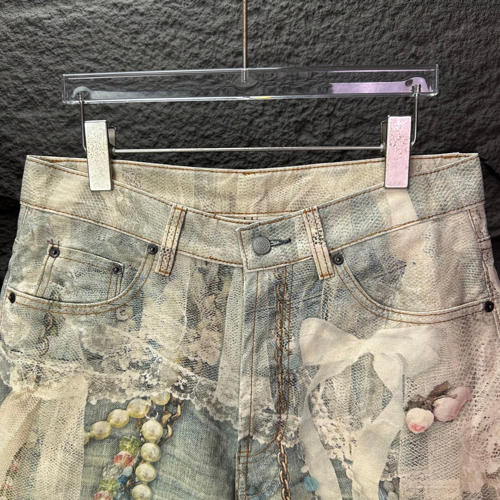 Acne Studios Vintage Pearl‑Lace Print Wide‑Leg Jeans