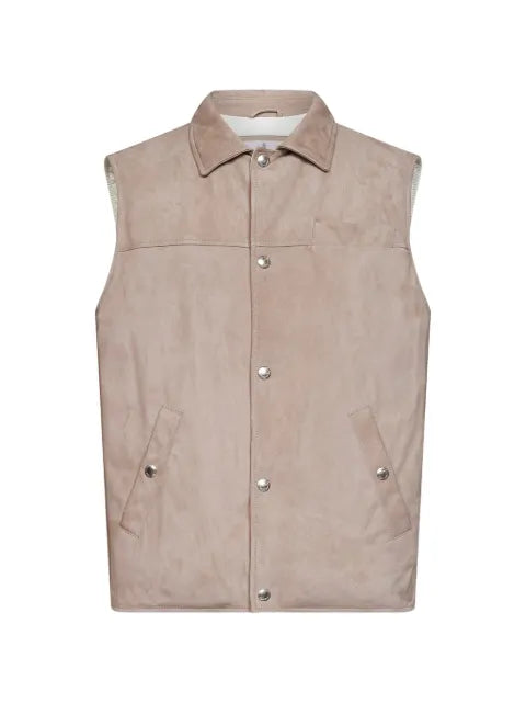 Brunello Cucinelli suede down vest with shirt-style collar