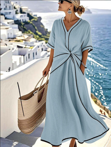 Women's Boho V-Neck Twist-Front Linen Maxi Beach Dress