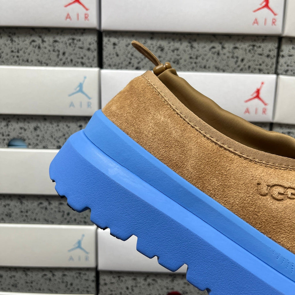 UGG Tasman X Platform Slip-On – Suede Clog with Shearling Lining, Paracord Toggle & Bold Blue Chunky Platform Sole in Chestnut